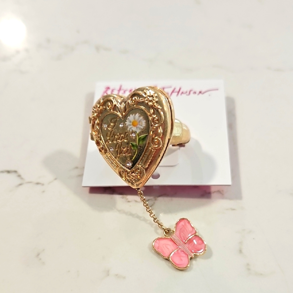 Betsey Johnson Gold Pink Heart Ring with Butterfly
